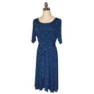 Soma Navy Blue Belted Dress Green Polka Dot Knee Length L